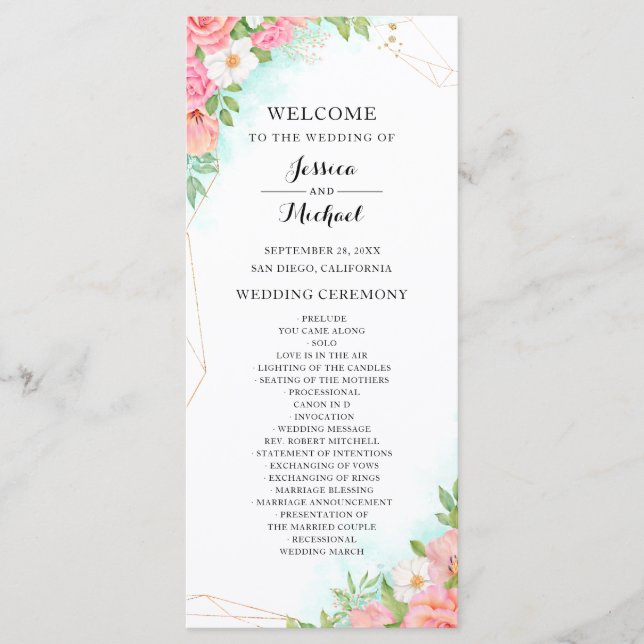 Türkis Ombre Floral Bouquet Pink Rose Wedding Programm (Vorderseite)