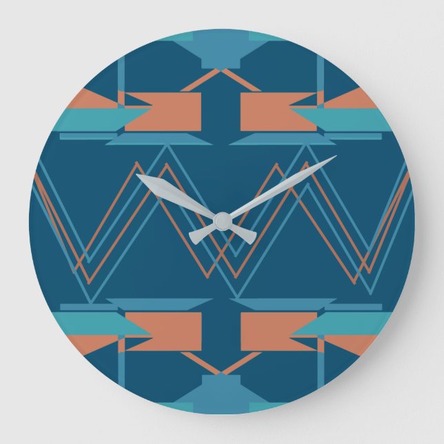 Türkis Orange auf Dark Blue Zig-Zag Südwest Große Wanduhr (Vorderseite)