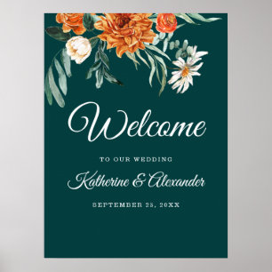 Türkis Orange Elegante Florale Willkommens Hochzei Poster