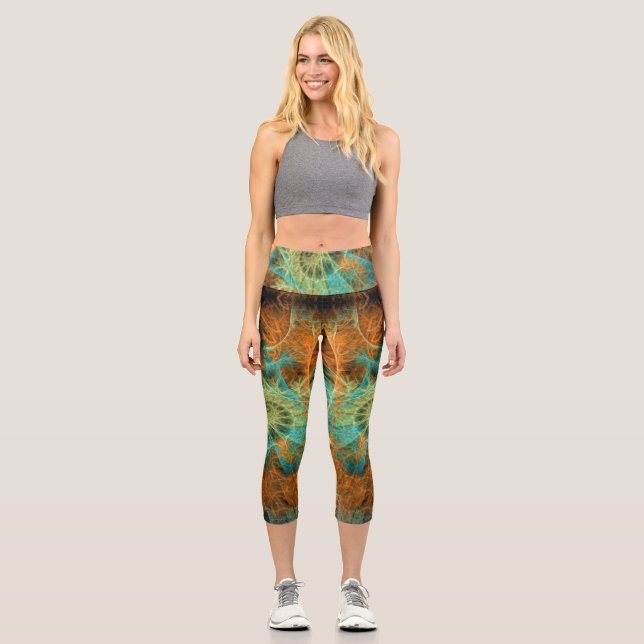 Türkis+Orange Fraktal Wirbel V1 Capri Leggings (Vorderseite)