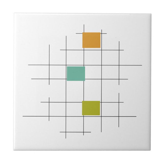 Türkis Orange Green Lines Square Mitte Jahrhundert Fliese (Vorderseite)