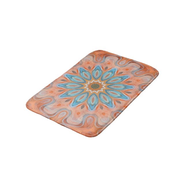 Türkis Orange Red Angesagt Mandala Round Sun Patte Badematte (Schrägansicht)
