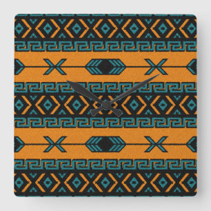Türkis Orange Southwest Tribal Aztec Design Quadratische Wanduhr