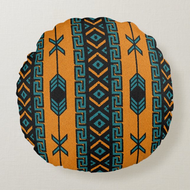 Türkis Orange Südwest Tribal Azteken Muster Rundes Kissen (Vorderseite)