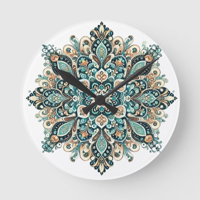 Türkis Paisley Mandala mit Gold Akzente 1 Runde Wanduhr (Vorderseite)
