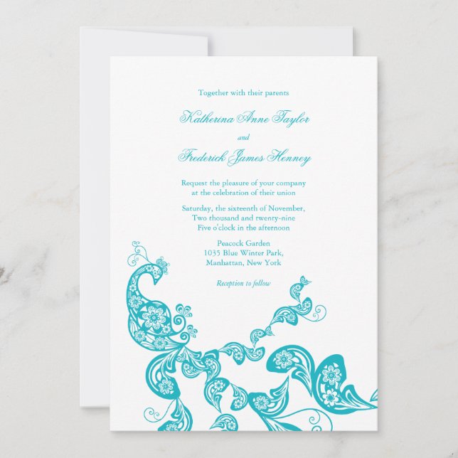 Türkis-Paisley-Pfau-schicke Hochzeit laden ein Einladung (Vorderseite)