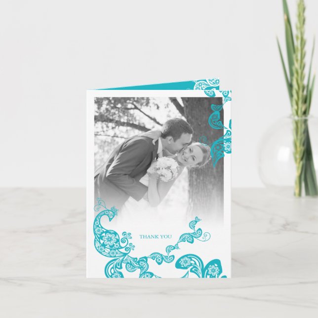 Türkis-Paisleyblumenpfau Boho schicke Hochzeit Dankeskarte (Vorderseite)