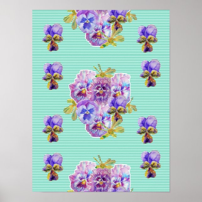 Türkis Pansy Blume Blume Shabby Chic Poster (Vorne)