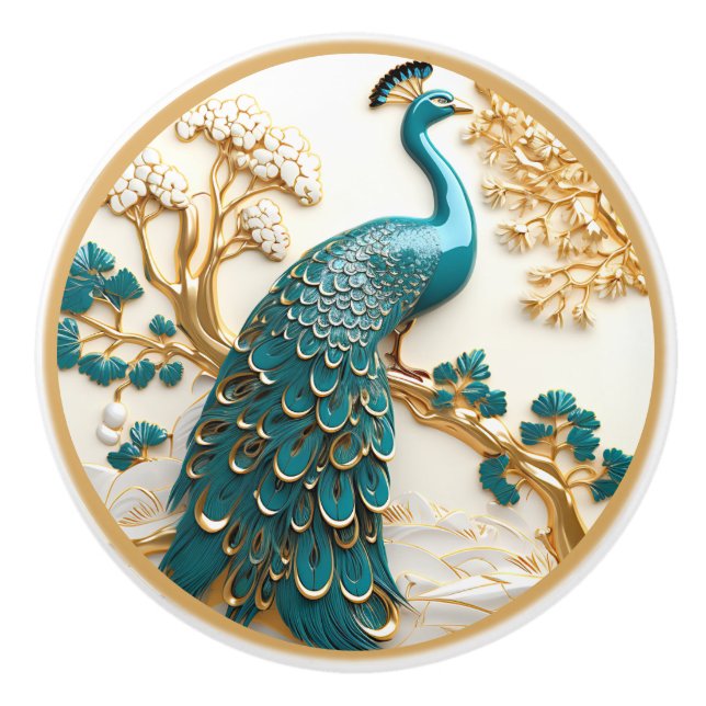Türkis Peacock Gold Zweig Weiße Blume Keramikknauf (Vorderseite)