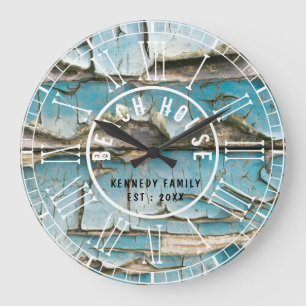 Türkis Peeling Wood Beach House römische Zahl Große Wanduhr