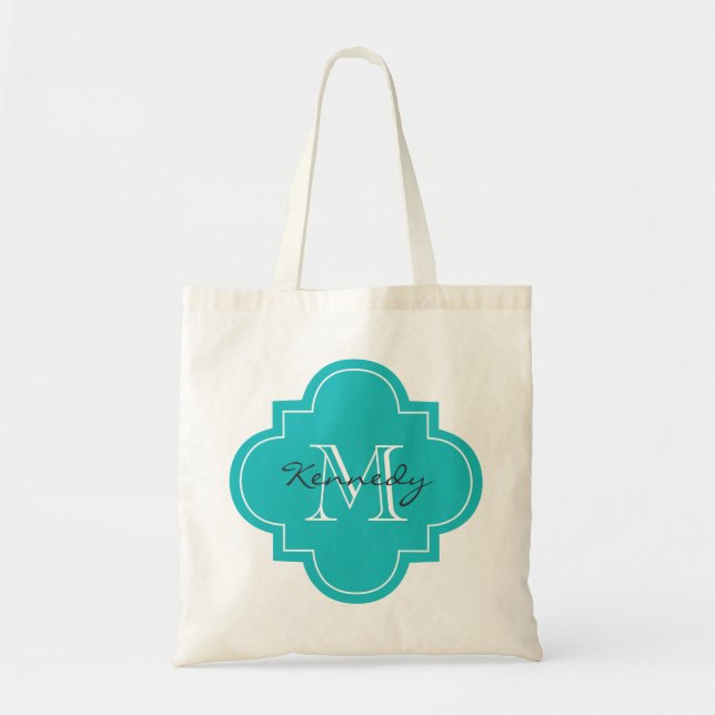 Türkis-personalisiertes Monogramm Tragetasche (Vorne)