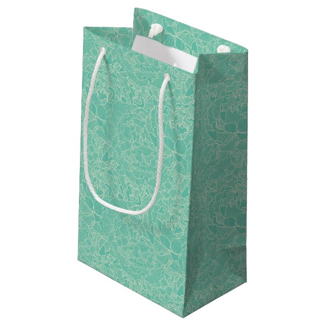 Türkis-Pfingstrosen-Muster Kleine Geschenktüte (Rückseite Schrägansicht)