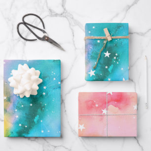 Türkis Pfirsichblüten-Farbige Himmelssterne Geschenkpapier Set