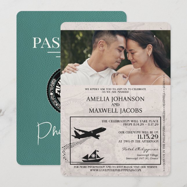 Türkis-Philippinen-Pass Hochzeit Einladung (Vorne/Hinten)
