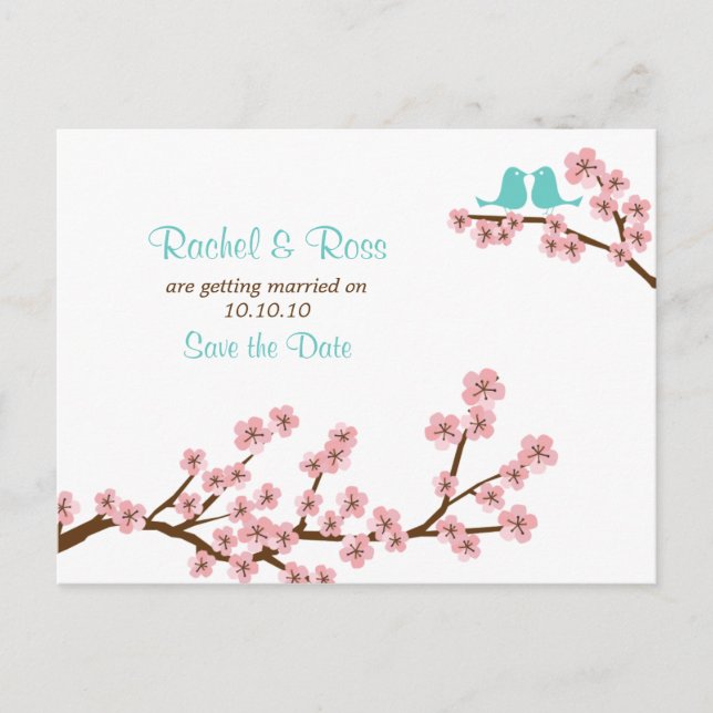 Türkis & Pink Cherry Blossom Save the Date Ankündigungspostkarte (Vorderseite)
