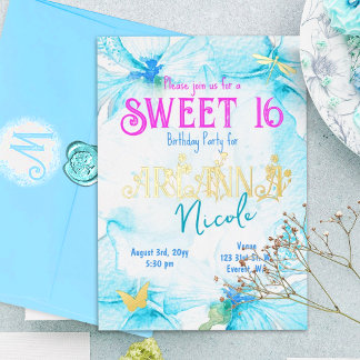 Türkis Pink Gold Sweet 16 Blumenbriefe Folieneinladung