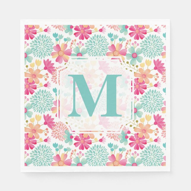 Türkis Pink Painted Floral Monogram Napkins Serviette (Vorderseite)