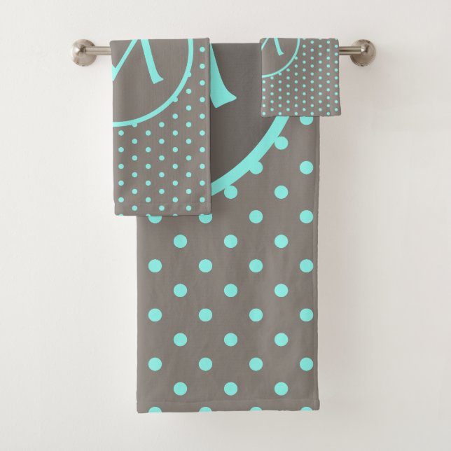 Türkis-Polka-Punkte mit Monogramm grau Badhandtuch Set (Insitu)