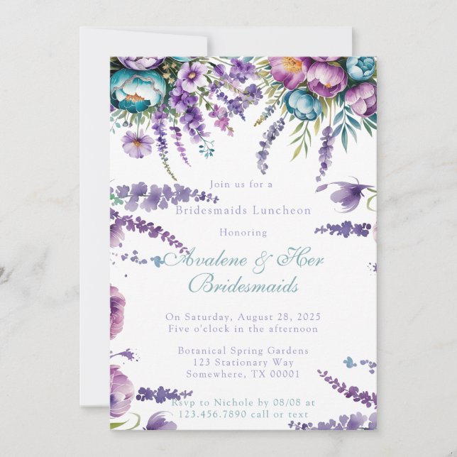 Türkis Purple Flowers Bridesmaids Luncheon Einladung (Vorderseite)