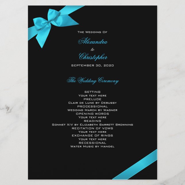 Türkis Ribbon Wedding Programm (Vorderseite)