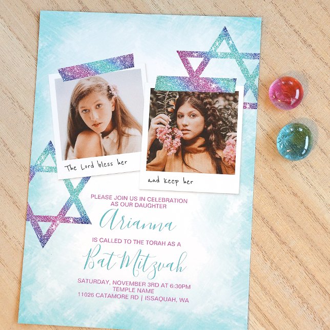 Türkis, rosa Glitzer Bat Mitzvah Einladung (Cute turquoise, violet pink Star of David Bat Mitzvah invitations with photo collage layout)