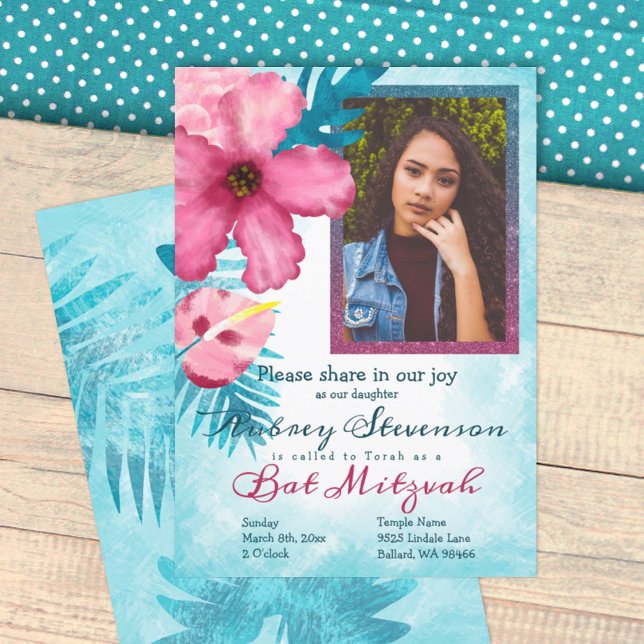 Türkis, rosa tropische Blume Bat Mitzvah Einladung (tropical teal and pink bat mitzvah invitation, hibiscus flower, 12th birthday party invitation)