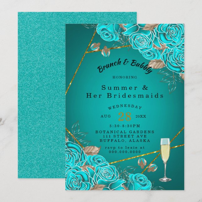 Türkis Rose Gold Bridesmaids Luncheon Einladung (Vorne/Hinten)