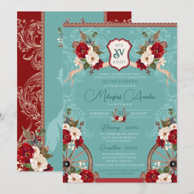 Türkis & Rot Elegantes Barock Charra Quinceñera Einladung (Vorne/Hinten)
