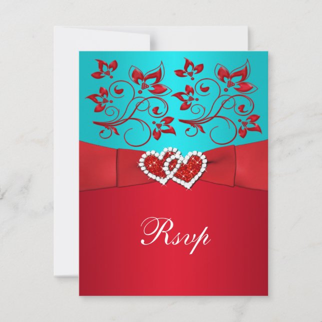 Türkis, Rote Blüte, Herz-Antwort-Karte RSVP Karte (Vorderseite)