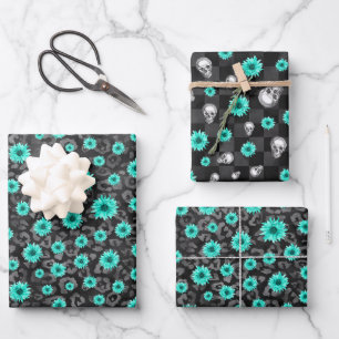 Türkis Schädel und Sonnenblumen Serie Design 5 Geschenkpapier Set