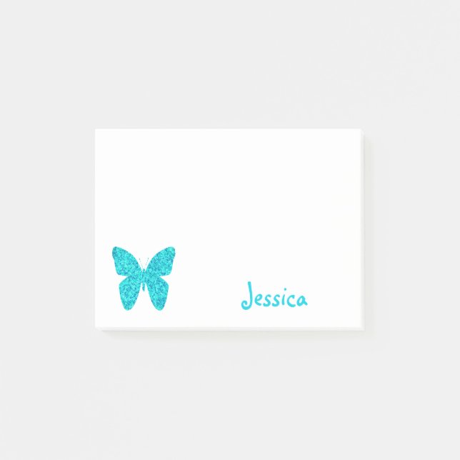 Türkis-Schmetterlings-personalisierter Girly Name Post-it Klebezettel (Vorderseite)