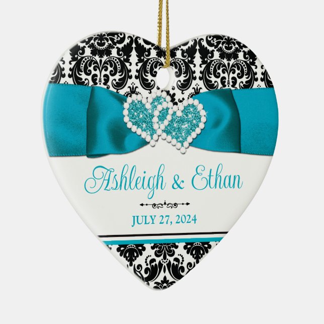 Türkis, Schwarz-Damast-Liebe Hört Hochzeit Keramik Ornament (Rechts)