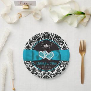 Türkis, Schwarz-Damast-Liebe Hört Hochzeit Pappteller