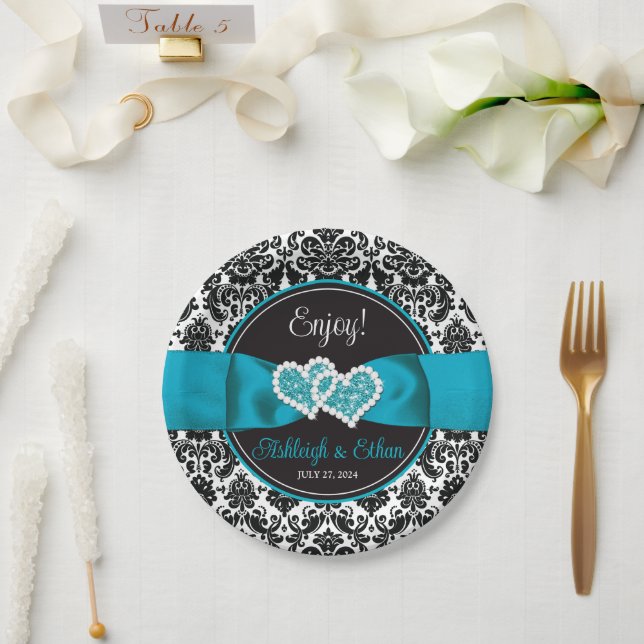 Türkis, Schwarz-Damast-Liebe Hört Hochzeit Pappteller (Hochzeit)
