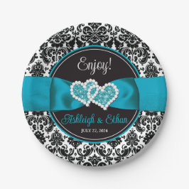 Türkis, Schwarz-Damast-Liebe Hört Hochzeit Pappteller