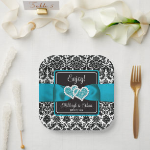 Türkis, Schwarz-Damast-Liebe Hört Hochzeit Pappteller
