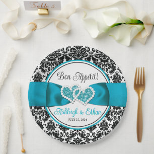 Türkis, Schwarz-Damast-Liebe Hört Hochzeit Pappteller
