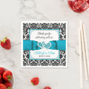 Türkis, Schwarz-Damast-Liebe Hört Hochzeit Serviette