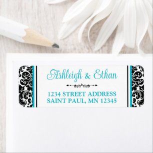 Türkis, Schwarz-weiß Damask Hochzeitsadresse