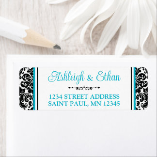 Türkis, Schwarz-weiß Damask Hochzeitsadresse