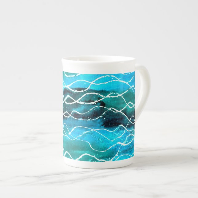 Türkis, Schwarz, Weiß "Waves" Knochen China Tasse (Vorderseite Rechts)
