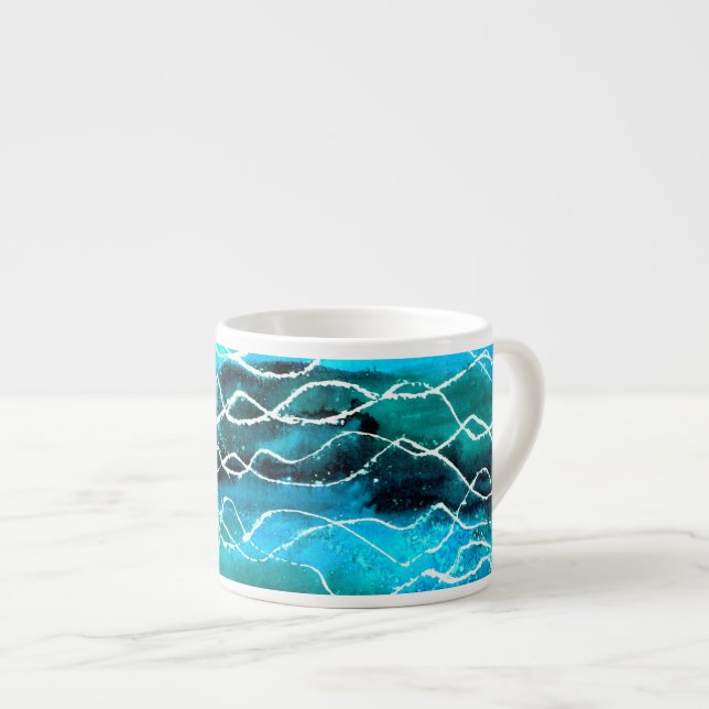 Türkis, Schwarz, Weiße Wellen Espresso Tasse (Vorderseite Rechts)