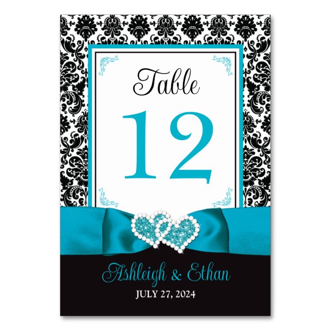 Türkis, Schwarze Liebe Herz Hochzeit Tischnummer (Vorderseite)