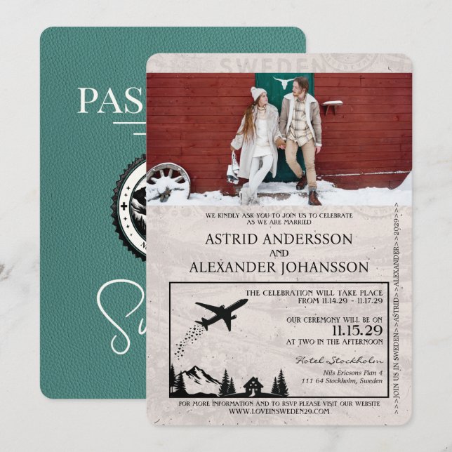 Türkis Schweden Pass Einladung Hochzeit (Vorne/Hinten)