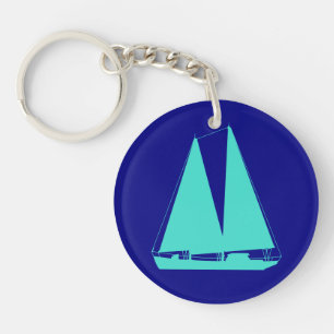 Türkis-Segelboot auf Marine-Blau-Küstendekor Schlüsselanhänger