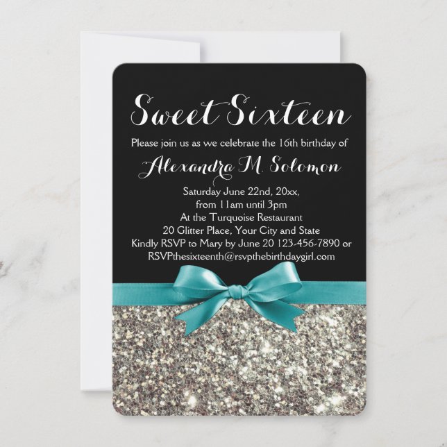Türkis Silber Glitzer Sweet 16 Party Einladung (Vorderseite)