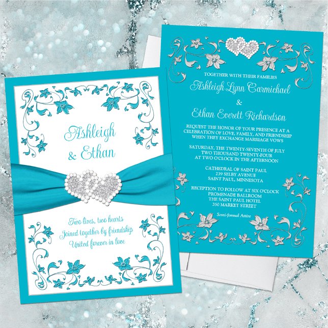Türkis, Silberne Liebe Herz Einladung Hochzeit (Beautiful Turquoise or Teal Blue and White Wedding Invitation with Silver Joined Hearts and Flowers)