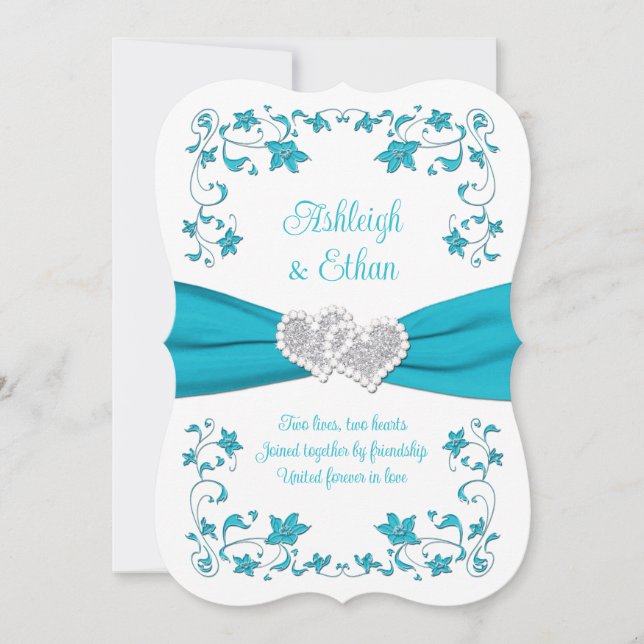 Türkis, Silberne Liebe Herz Einladung Hochzeit (Vorderseite)
