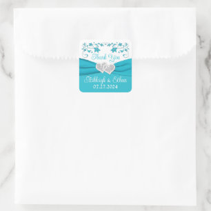 Türkis, Silberne Liebe Herz Gastgeschenk Hochzeit Quadratischer Aufkleber