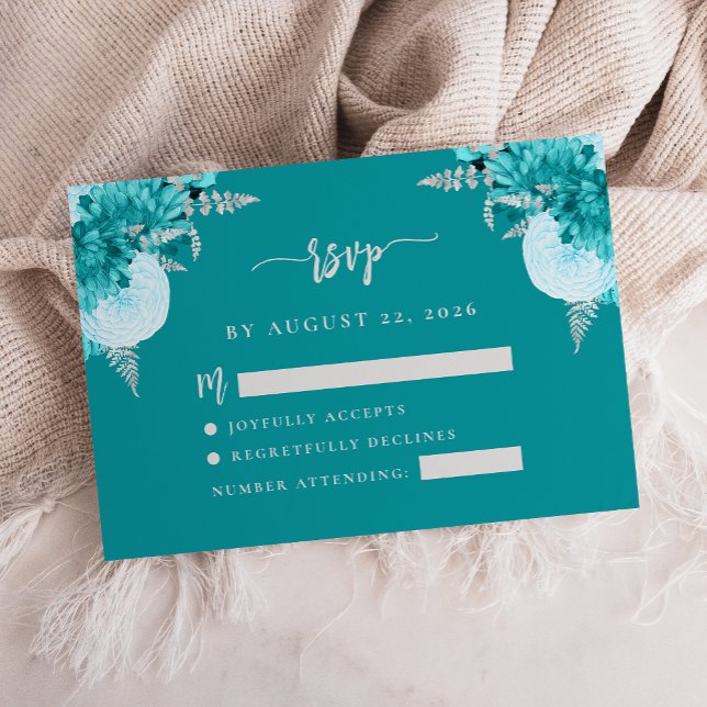 Türkis Silver Floral Script Wedding RSVP Enclo Begleitkarte (Von Creator hochgeladen)